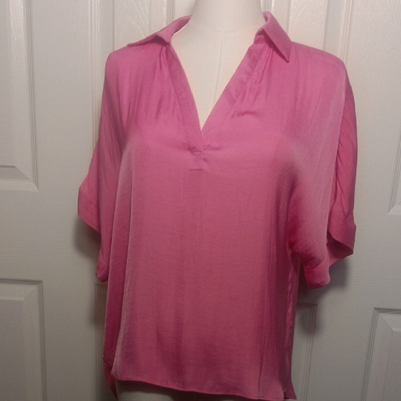 Naked Zebra Tops - Naked Zebra Bubble Gum Punk High-low Collared Satin Blouse - Small